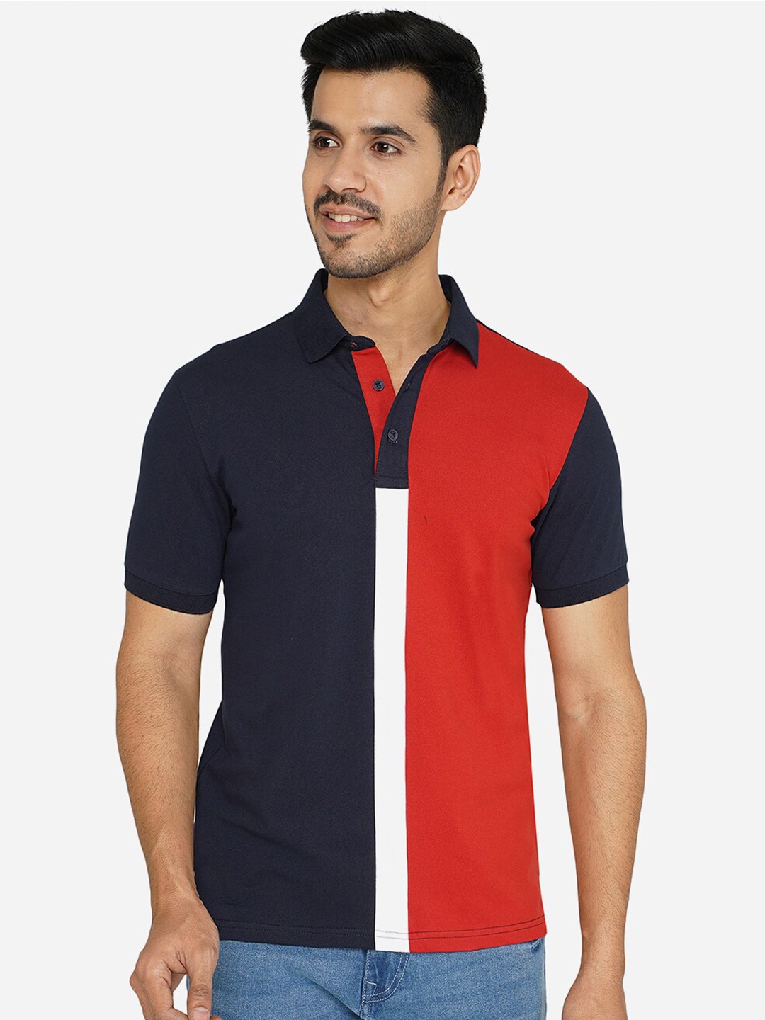 

JADE BLUE Men Red & Navy Blue Cotton Colourblocked Polo Collar T-shirt