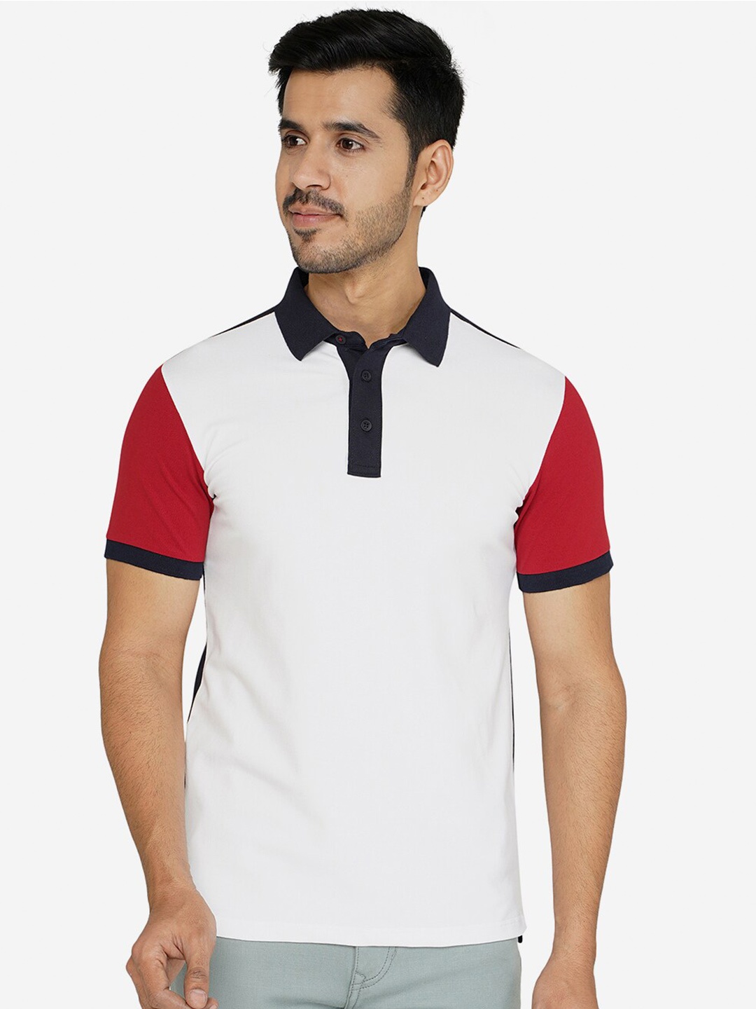 

JADE BLUE Men White & Red Cotton Colourblocked Polo Collar T-shirt