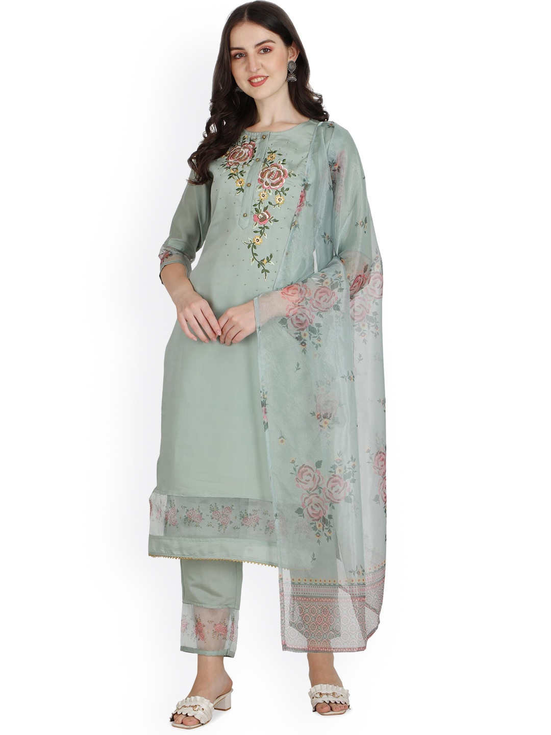 

Berrylicious Women Sea Green Floral Beads and Stones Kurta With Trousers & Dupatta