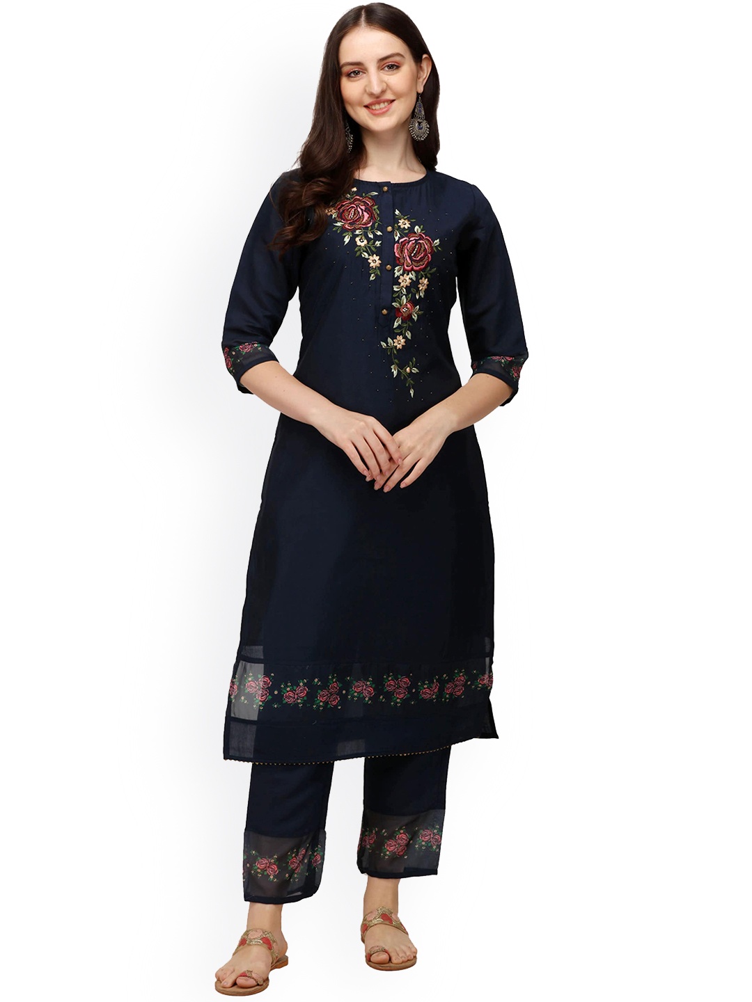 

Berrylicious Women Blue Floral Embroidered Kurta with Trousers & With Dupatta
