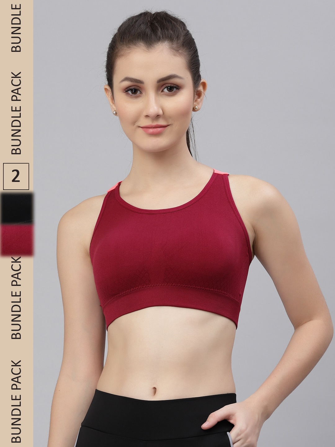 

Friskers Maroon & Black Bra Pack Of 2 Cotton Lightly Padded Sports Bra