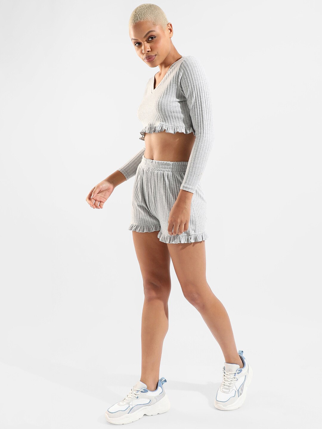 

Campus Sutra Women Grey Striped Pure Cotton Top with Shorts