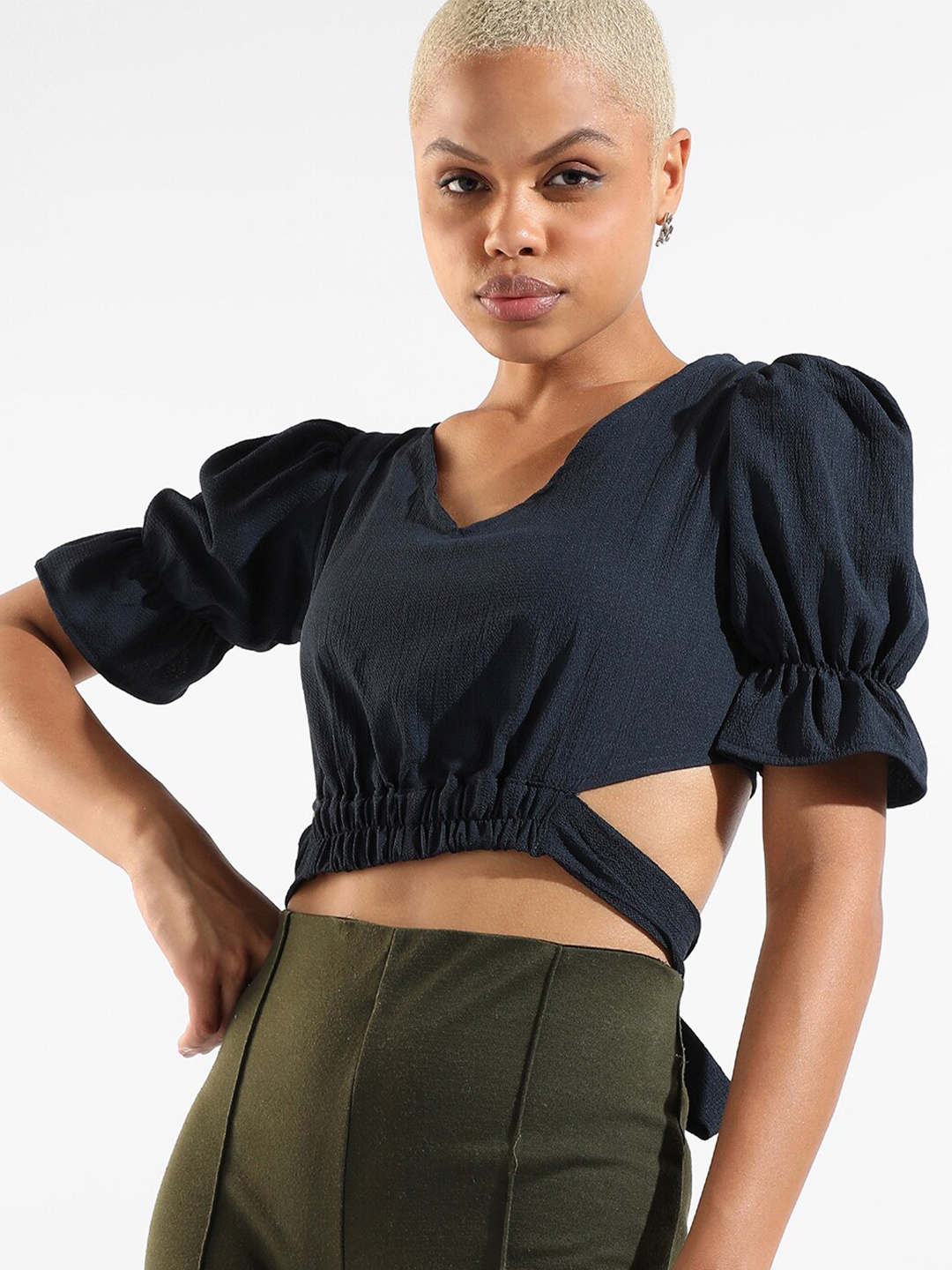 

Campus Sutra Navy Blue Crepe Crop with Cut Outs Top