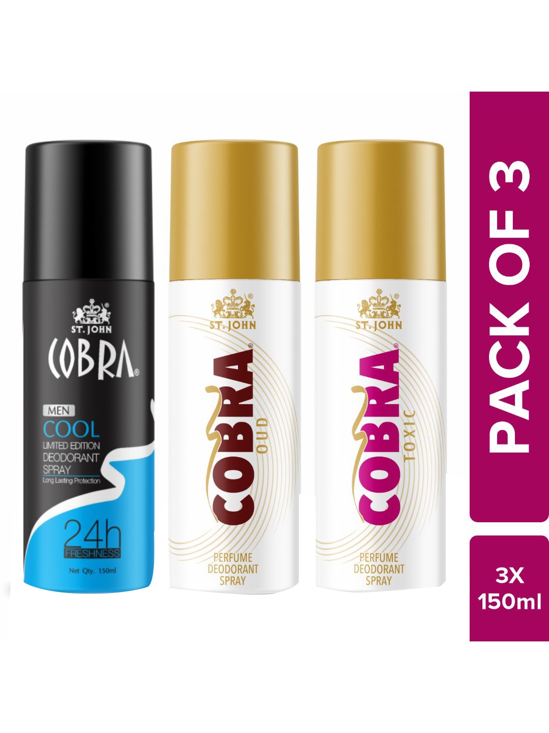 

St. John Set Of 3 Cobra Deo Cool ,Oud and Toxic Deodorant Spray - 150ml Each, White