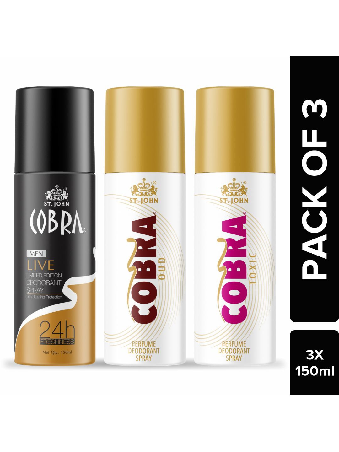 

St. John Cobra Men Set Of 3 Live ,Oud and Toxic Deodorant Spray 150ml Each, White