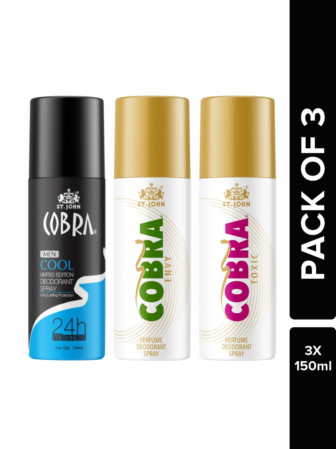 

St. John Set Of 3 Deodorant Spray-Cobra Deo Cool, Envy & Toxic 150ml each, Black