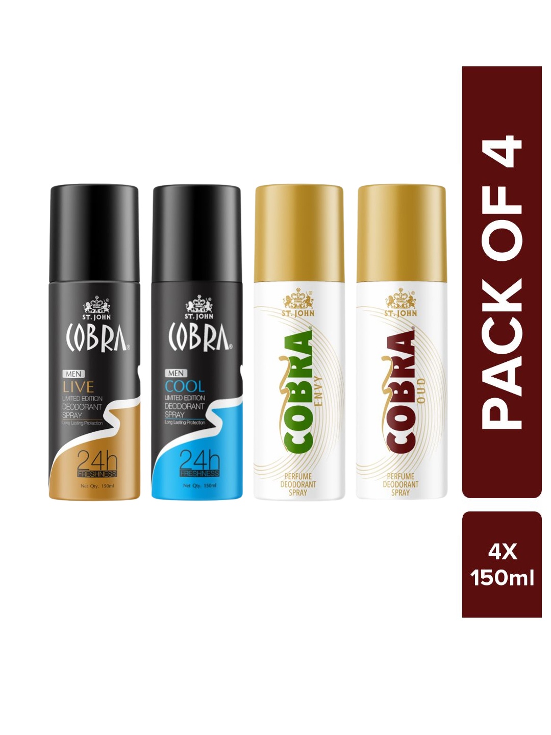 

St. John Men Set Of 4 Cobra Deo Live-Cool-Envy & Oud Deodorant Spray-150 ml Each, Black