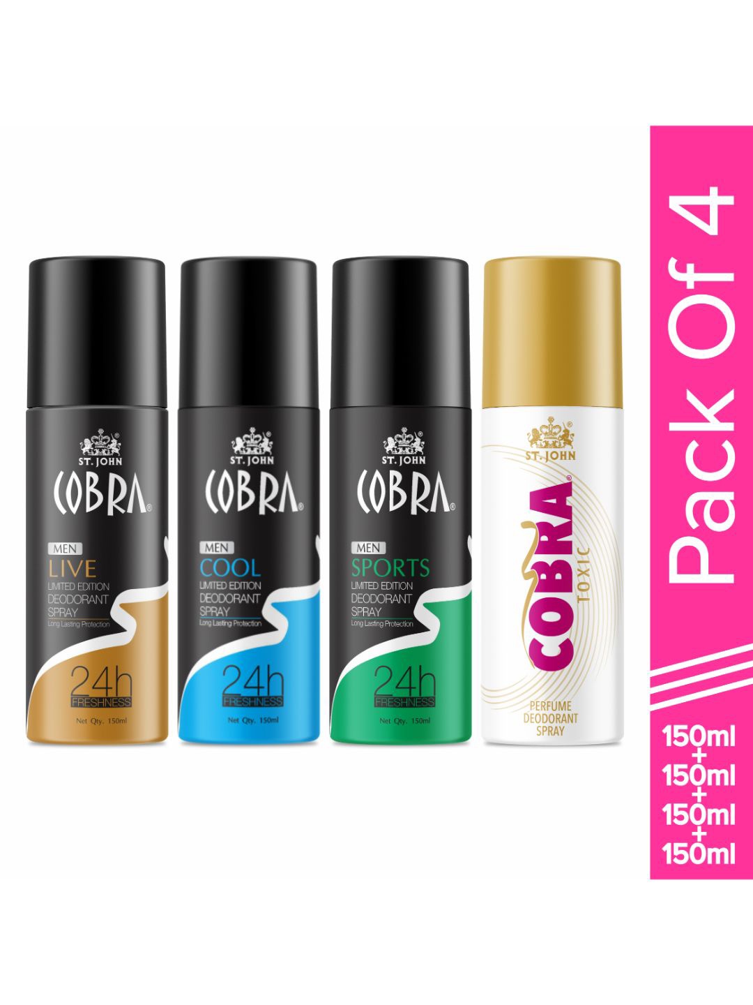 

St. John Set Of 4 Deodorant Spray-Cobra Deo Live, Cool, Sports & Toxic 150ml Each, Black