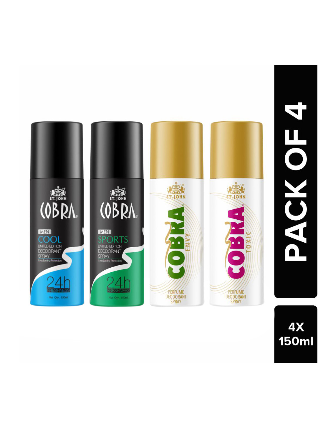 

St. John Set Of 4 Deodorant Spray- Cobra Deo Cool, Sports, Envy & Toxic , 150ml, Black
