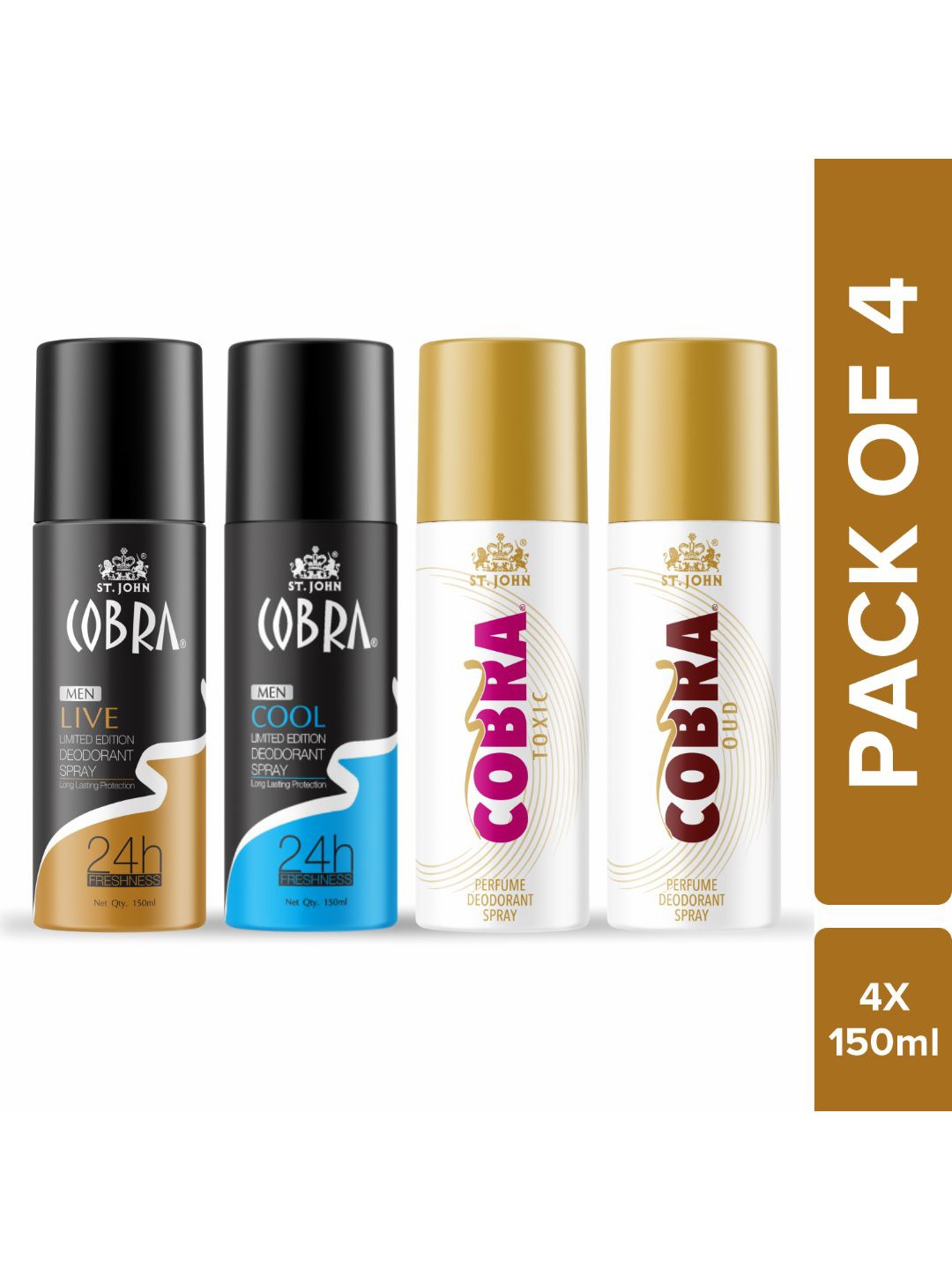 

St. John Set Of 4 Deodorant Spray- Cobra Deo Live, Oud , Sports & Toxic 150ml Each, Black