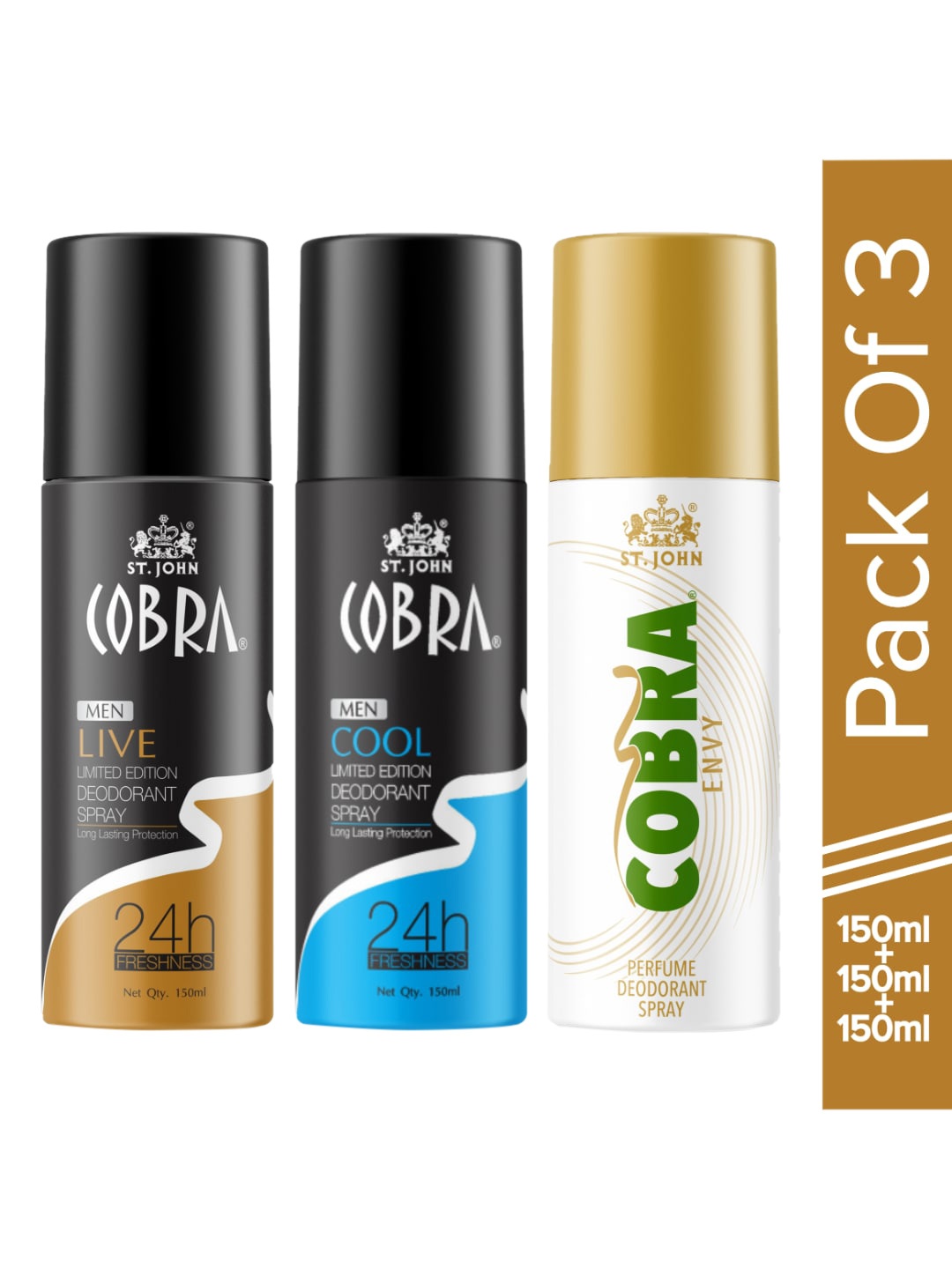 

St. John Set Of 3 Cobra Deo Cool , Live and Envy Deodorant Spray 150ml Each, Black