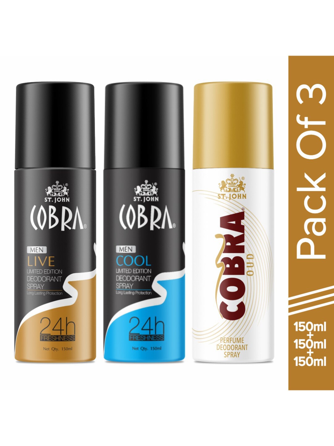 

St. John Set Of 3 Deodorant Spray- Cobra Deo Live ,Cool & Oud 150ml Each, Black