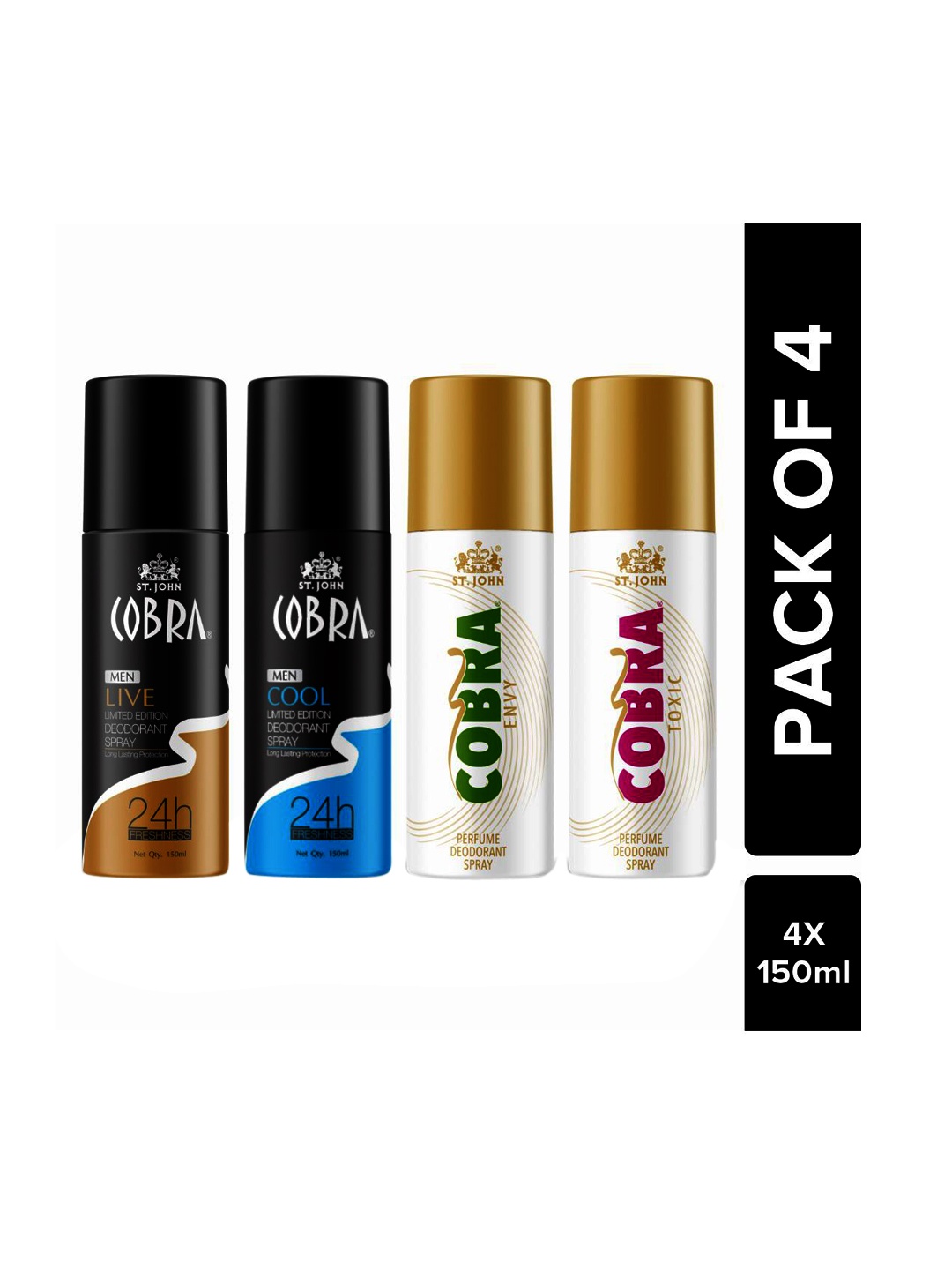 

St. John Cobra Men Set Of 4 Live-Cool-Envy & Toxic Deodorant Spray 150ml Each, White