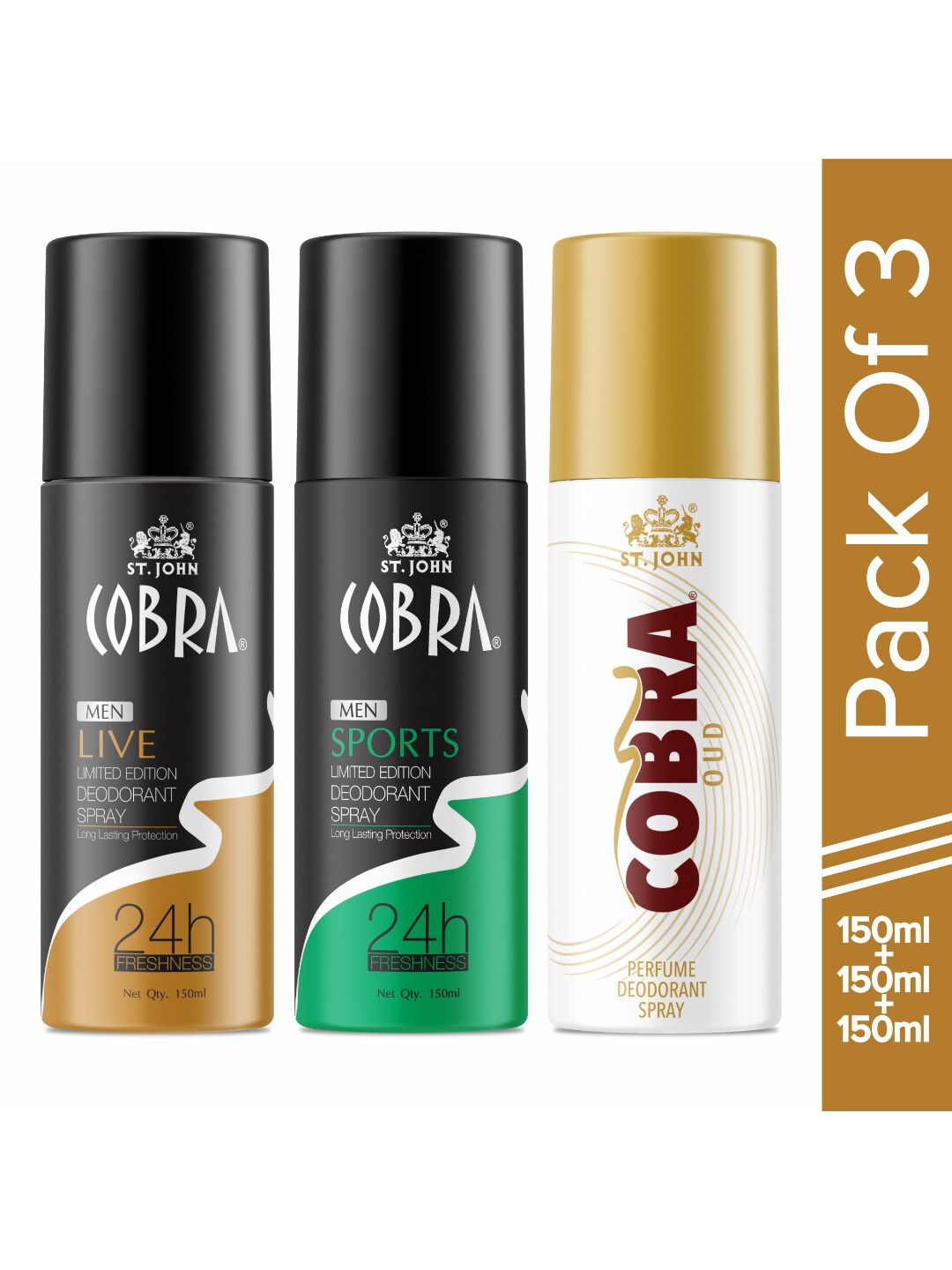 

St. John Men Set Of 3 Cobra Deo Live-Sports & Oud Deodorant Spray 150 ml Each, Black