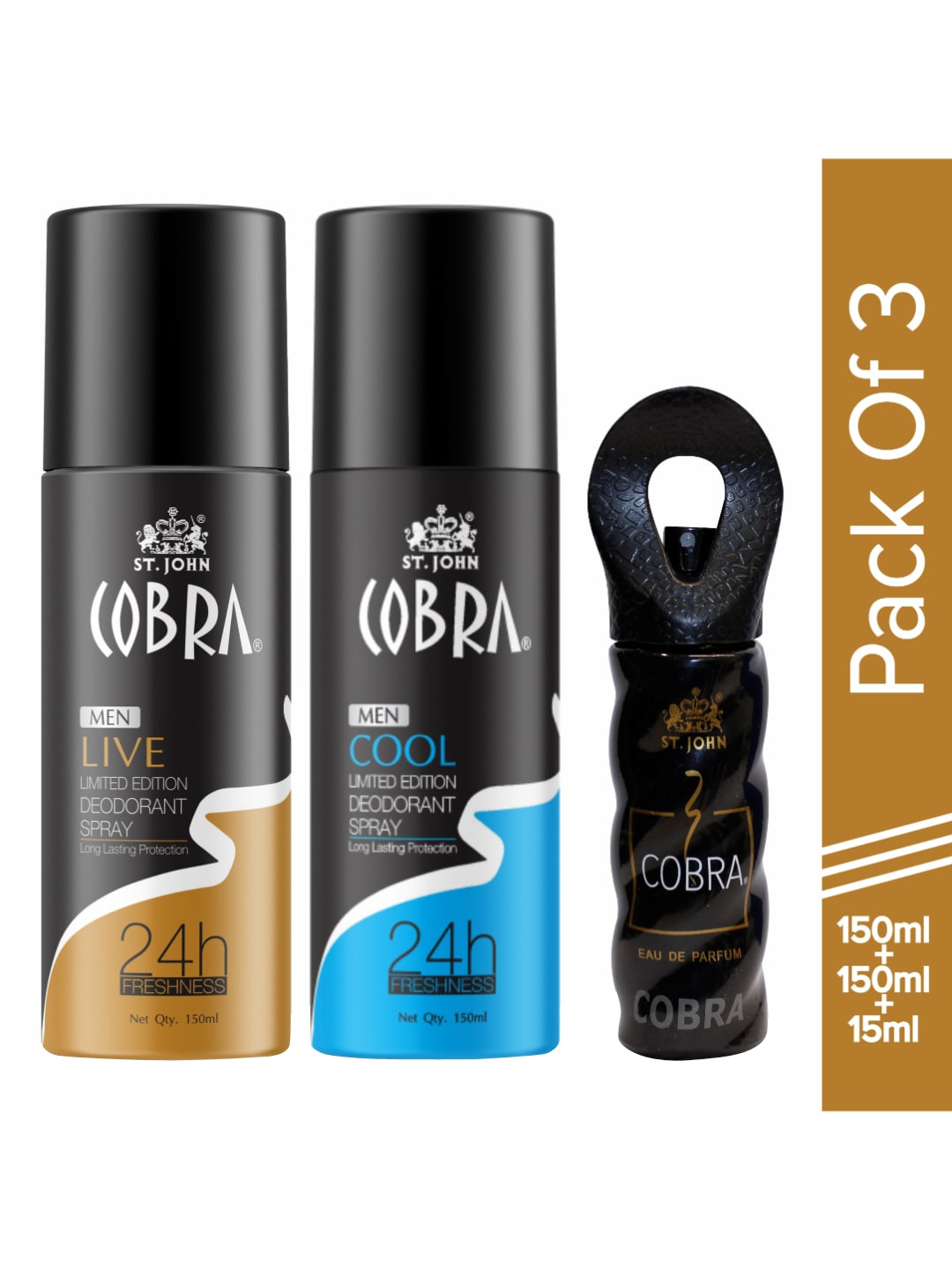 

St. John Set Of 3 Deodorant Spray- Cobra Deo Cool,Live & Cobra , 150ml & 15ml, Black