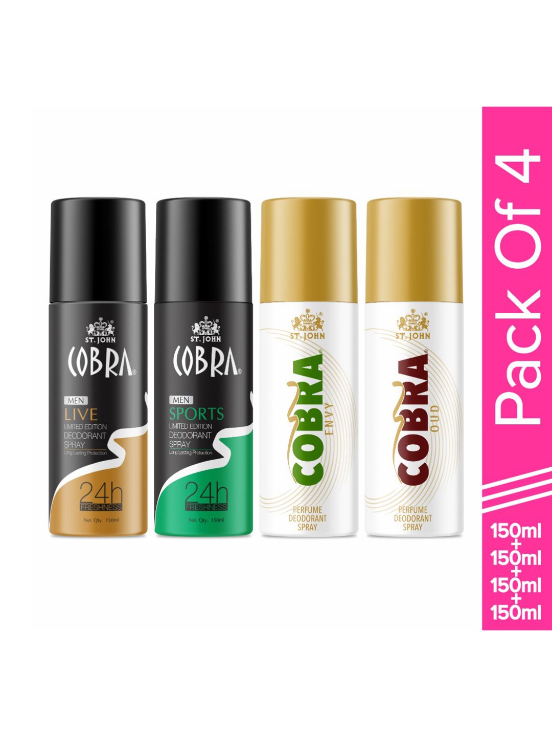 

St. John Set Of 4 Deodorant Spray- Cobra Deo Live, Envy , Sports & Oud 150ml Each, Black