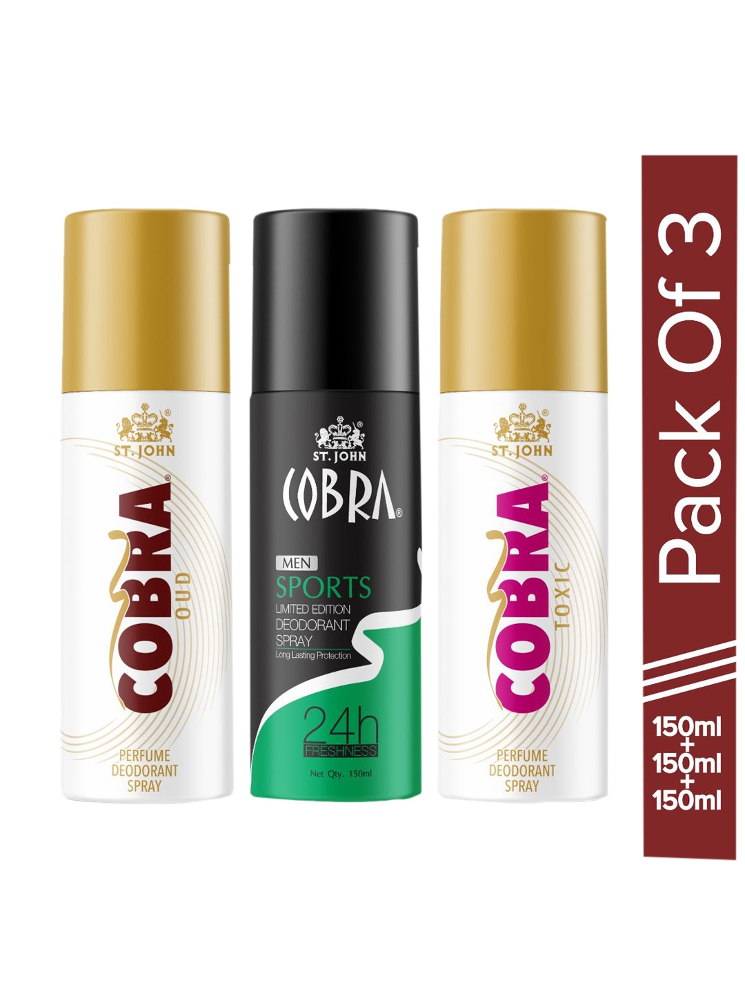 

St. John Set Of 3 Deodorant Spray- Cobra Deo Sports ,Oud & Toxi, 150ml Each, Multi