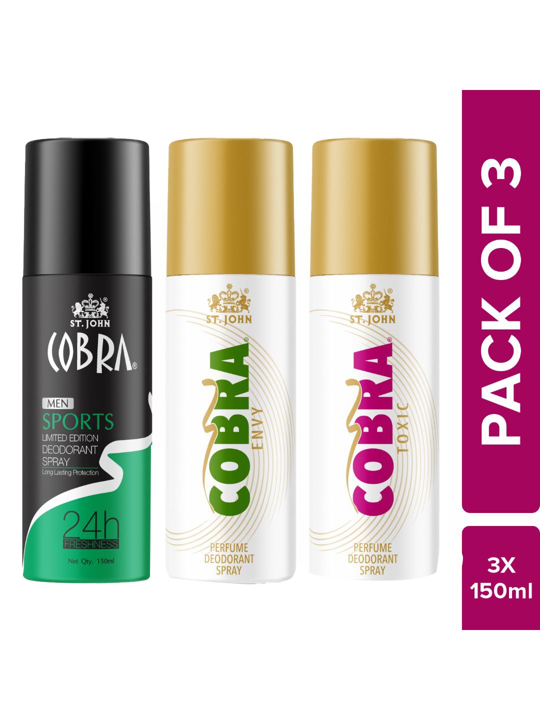 

St. John Men Set Of 3 Cobra Deo Envy-Sports & Toxic Deodorant Spray 150 Each, Multi