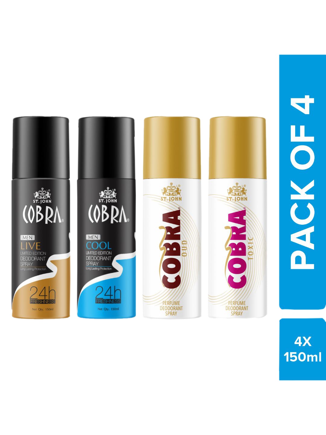 

St. John Set Of 4 Deodorant Spray- Cobra Deo Live, Cool , Oud & Toxic , 150ml Each, Multi