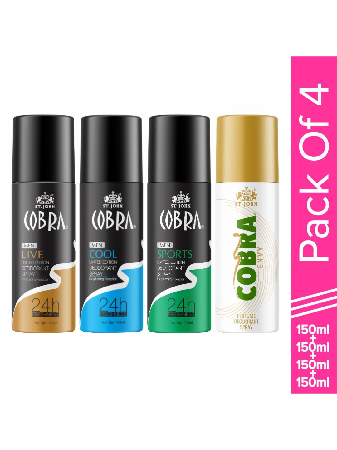 St. John Set Of 4 Cobra Deo Live, Sports, Envy and Cool Deodorant Spray150ml Each, Black