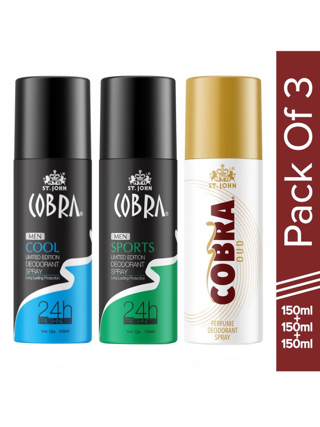 

St. John Set Of 3 Cobra Deo Cool , Sports and Oud Deodorant Spray 250ml each, Blue