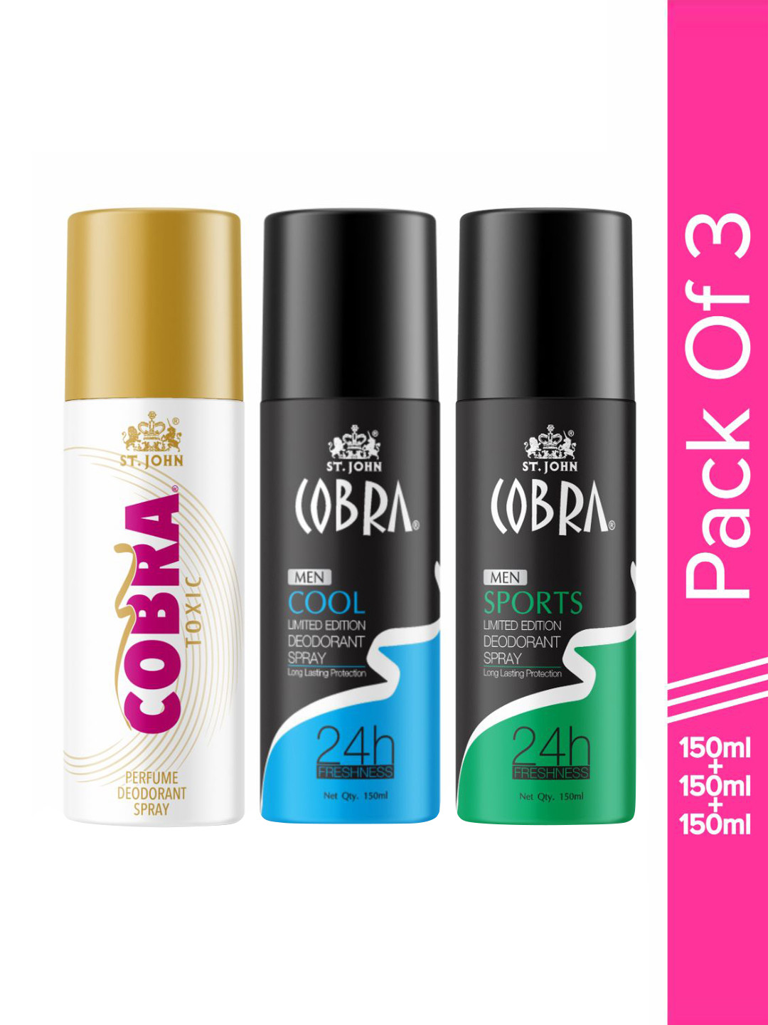 

St. John Set Of 3 Deodorant Spray- Cobra Deo Cool, Sports & Toxic, 150ml Each, Multi