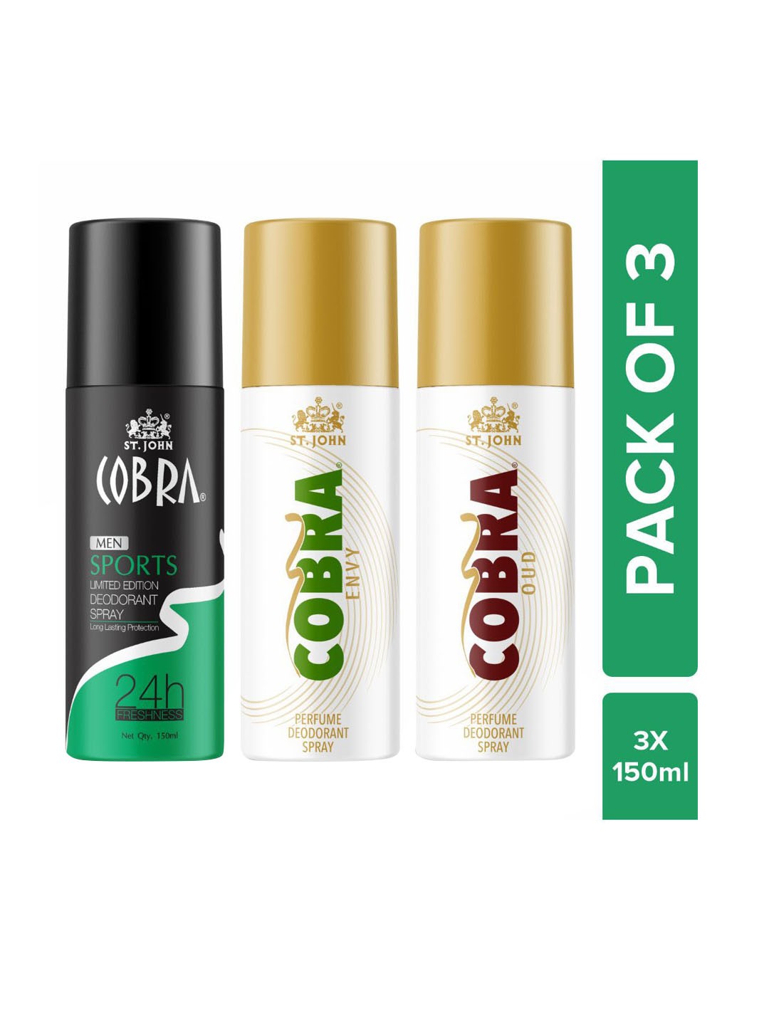 

St. John Set Of 3 Cobra Deo Sports ,Envy and Oud Deodorant Spray 150ml, Black