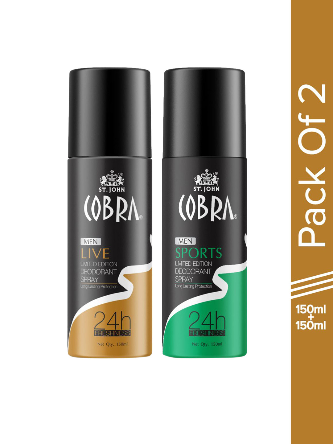 

St. John Set Of 2 Deodorant Body Spray- Cobra Deo Live & Sports, 150ml Each, Black