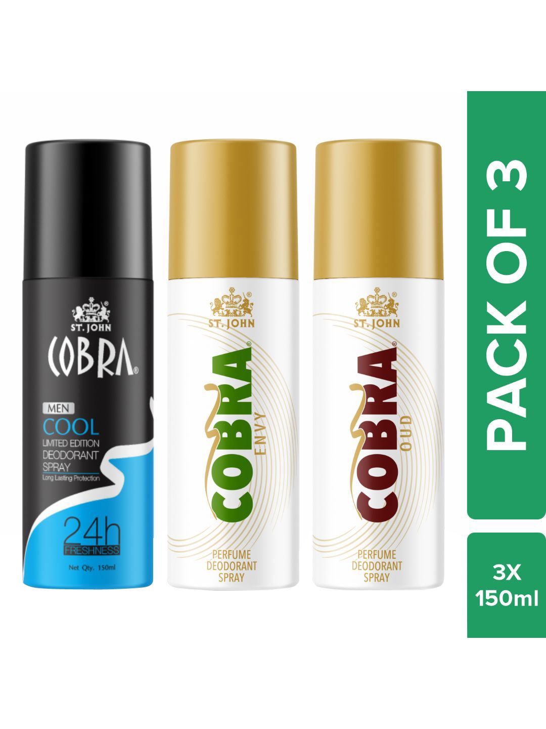 

St. John Cobra Men Set Of 3 Cool-Envy & Oud Deodorant Spray-150ml Each, White