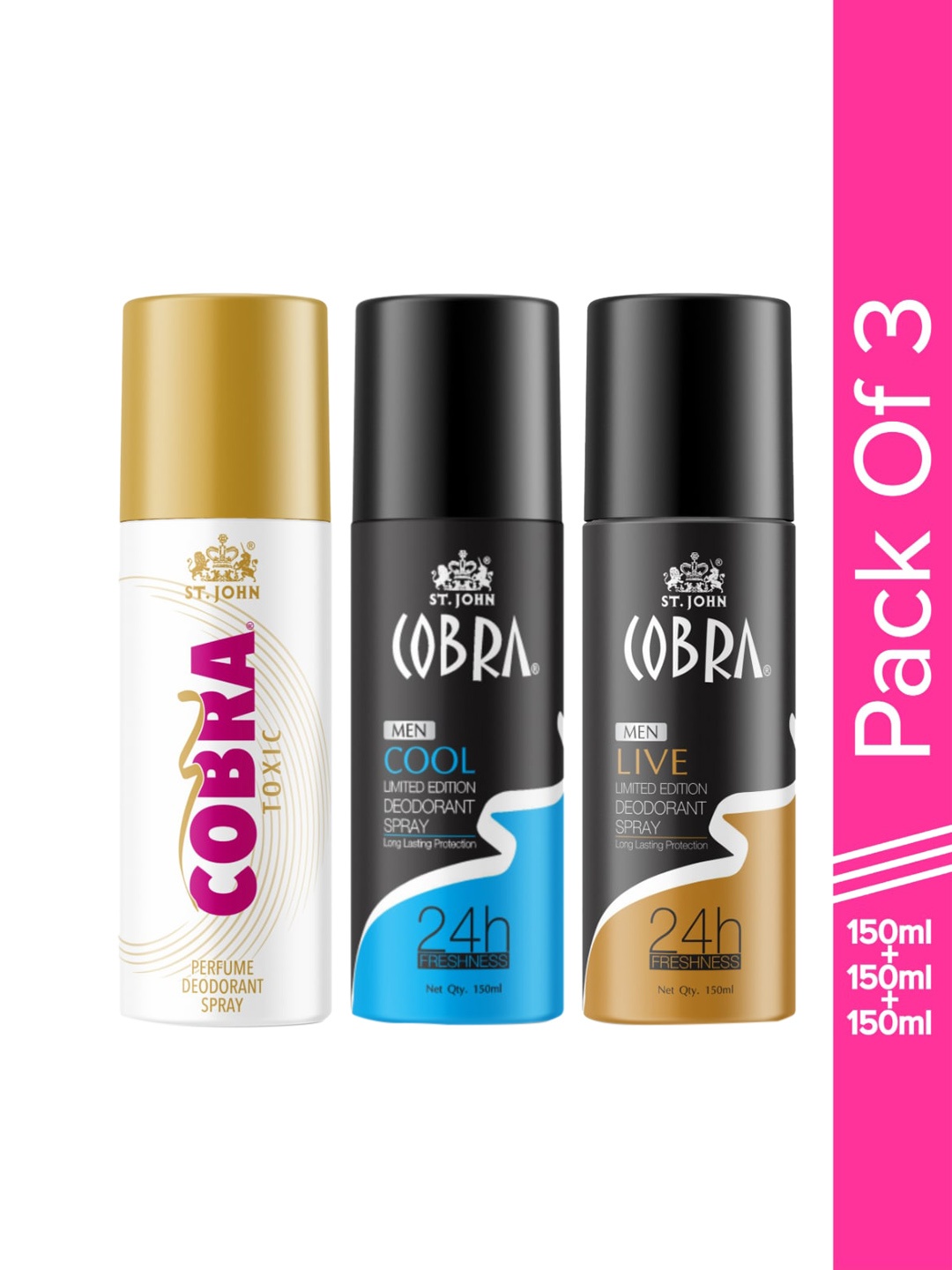 

St. John Set Of 3 Cobra Deo Live & Cool & Toxic Deodorant Spray - 150ml(Each), Multi