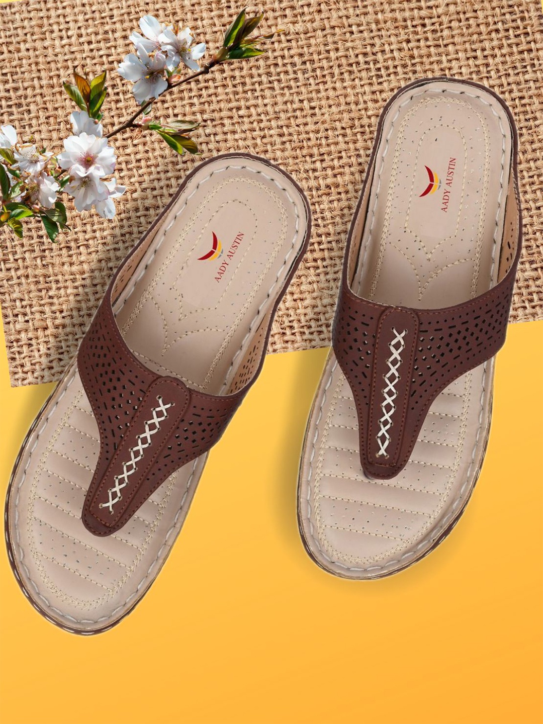 

AADY AUSTIN Women Brown T-Strap Orthopedic Flats