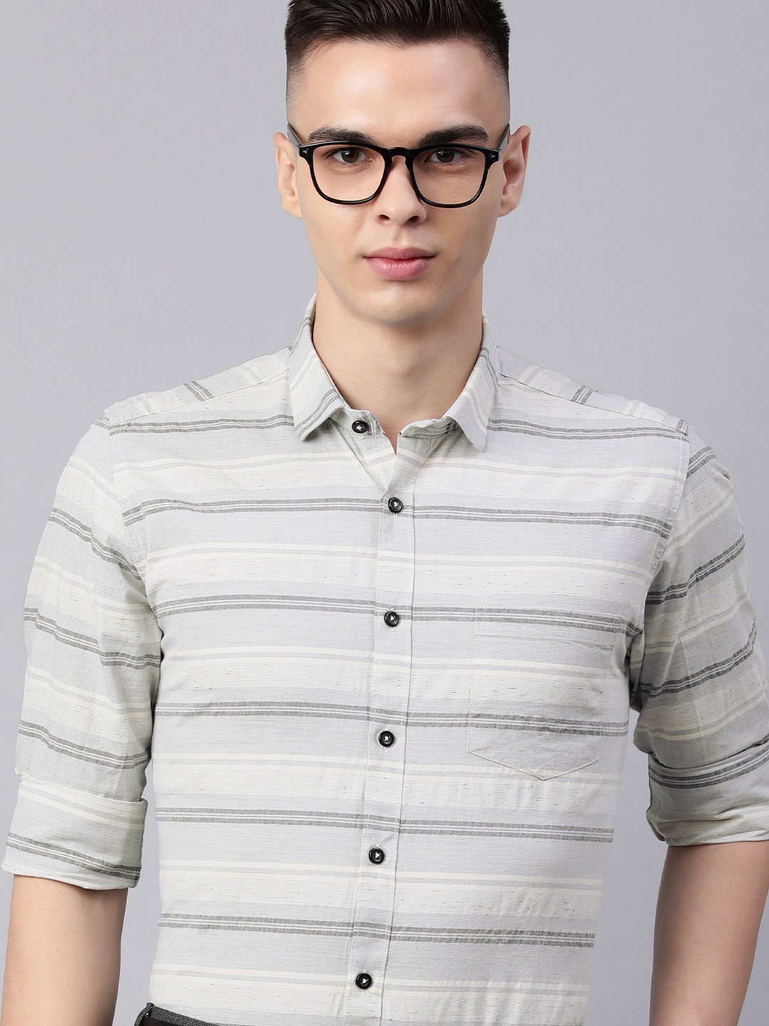 

5TH ANFOLD Men Slim Fit Horizontal Stripes Formal Shirt, Grey