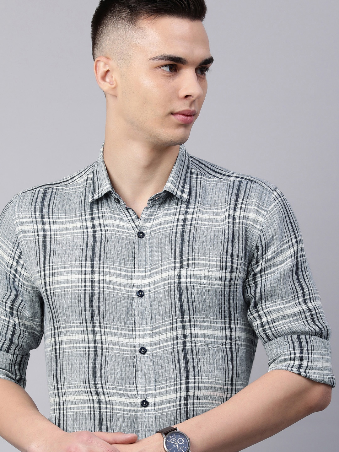 

5TH ANFOLD Men Slim Fit Checked Formal Shirt, Grey