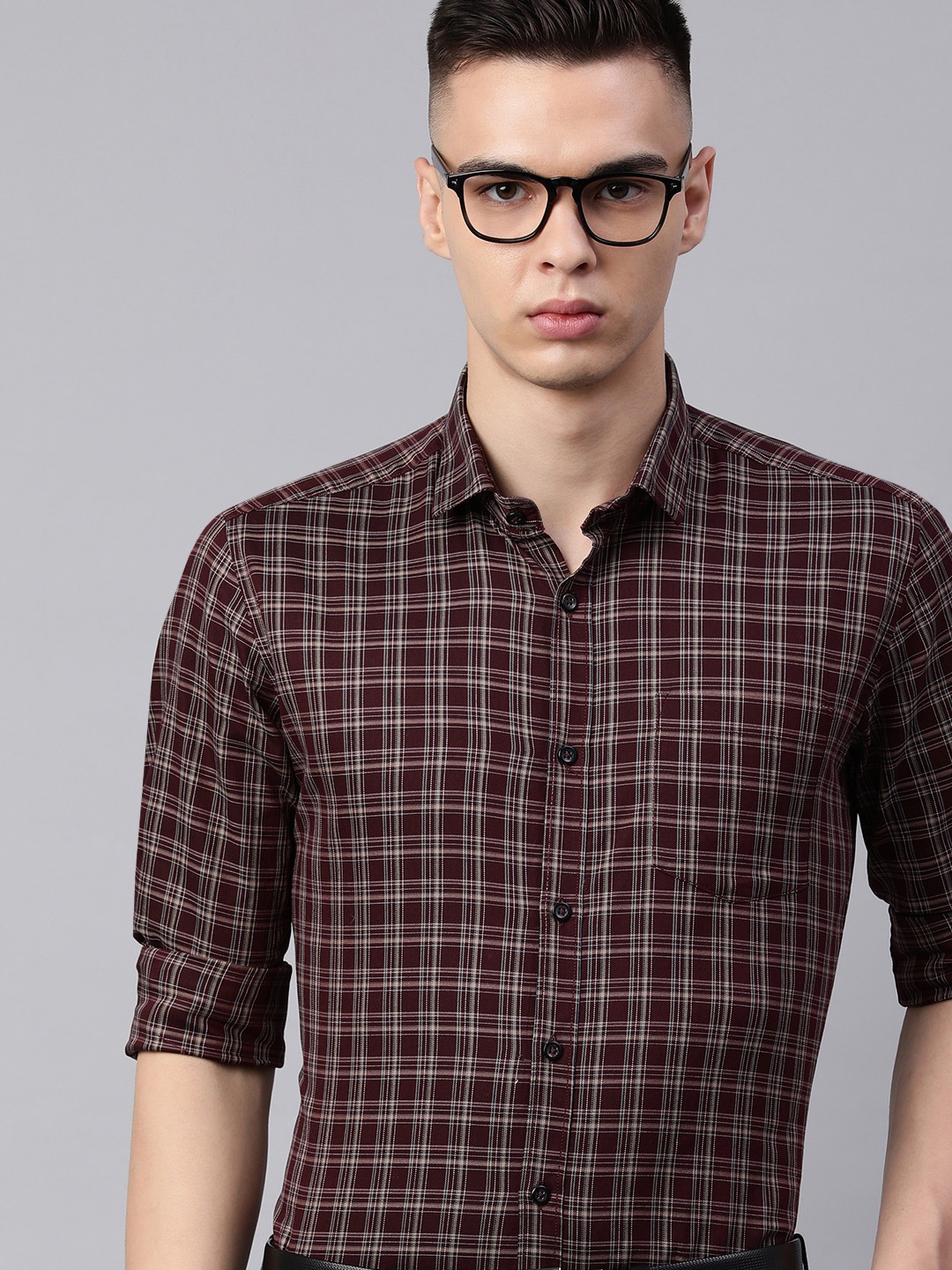 

5TH ANFOLD Men Slim Fit Checked Formal Shirt, Maroon