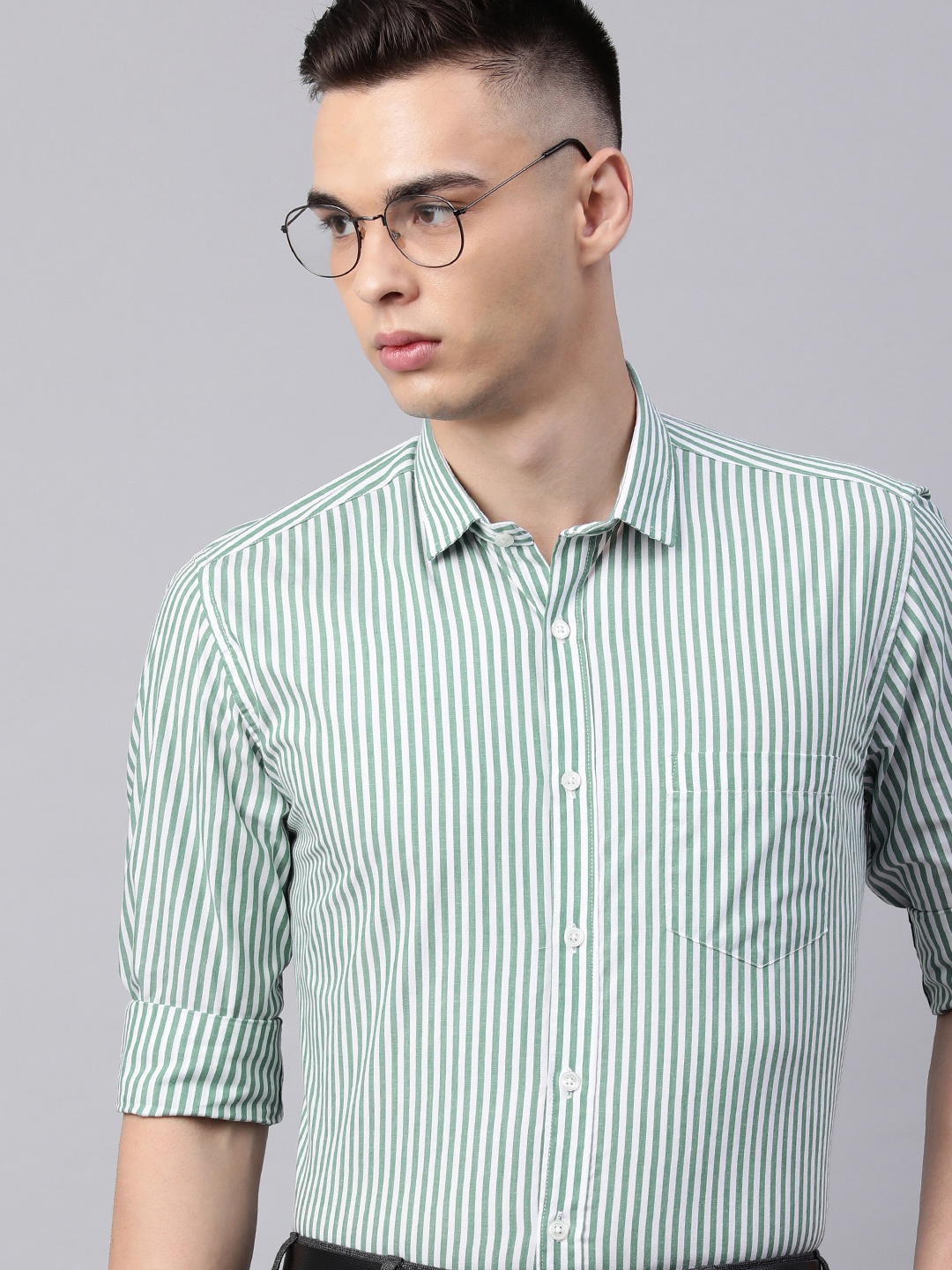 

5TH ANFOLD Men Slim Fit Striped Casual Shirt, Green
