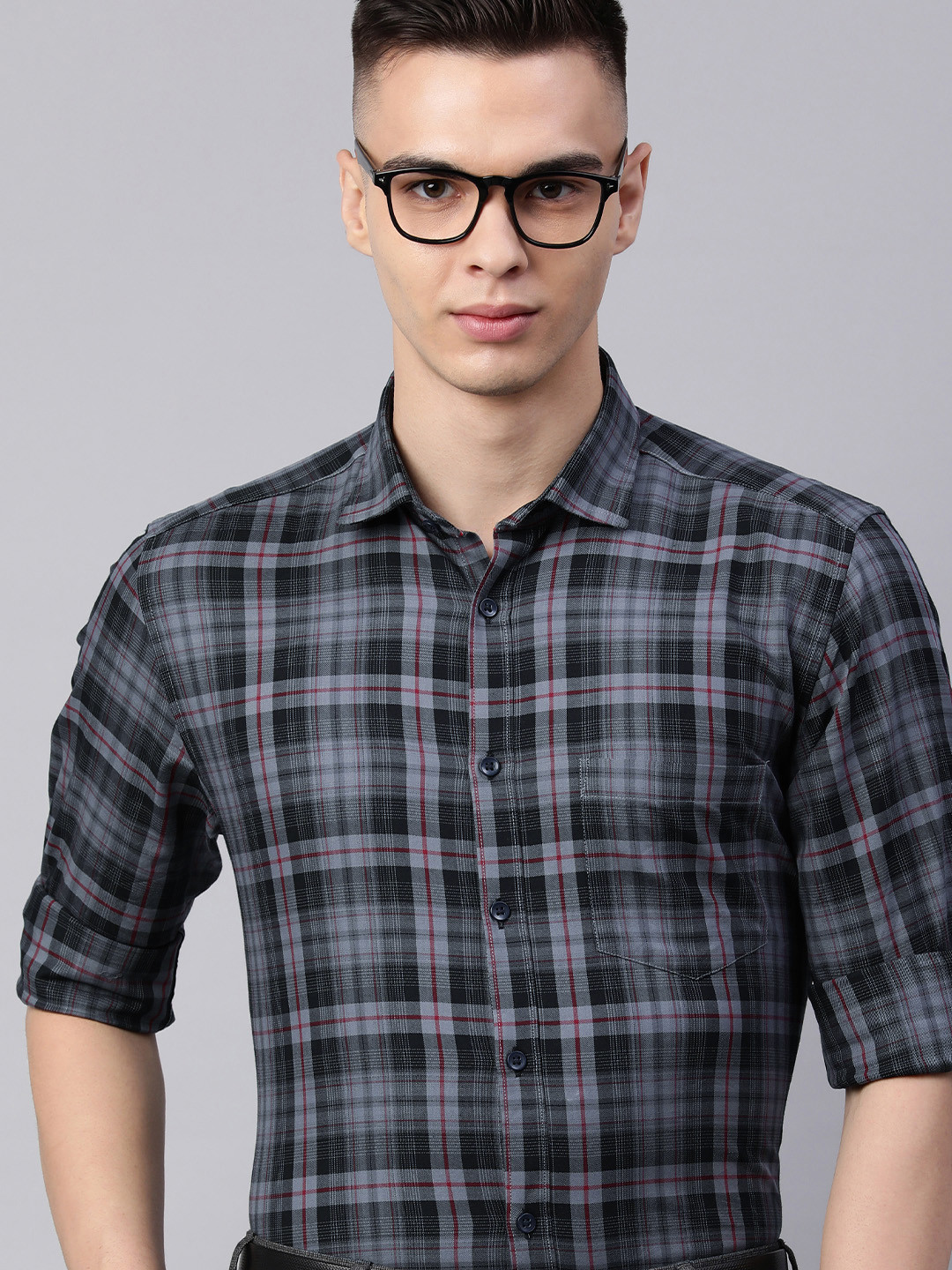 

5TH ANFOLD Men Slim Fit Checked Formal Shirt, Grey