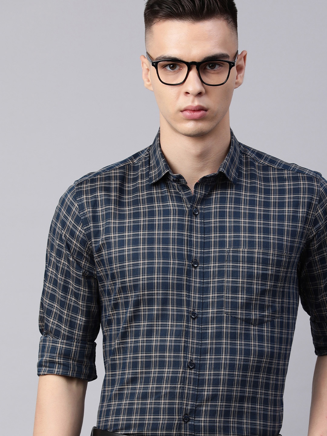 

5TH ANFOLD Men Slim Fit Checked Formal Shirt, Navy blue