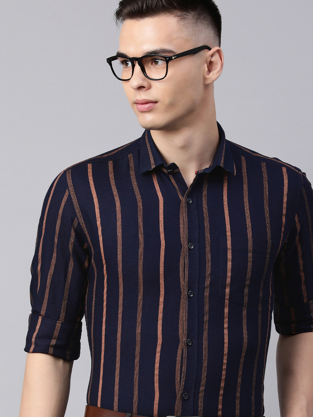 

5TH ANFOLD Men Slim Fit Horizontal Stripes Formal Shirt, Navy blue