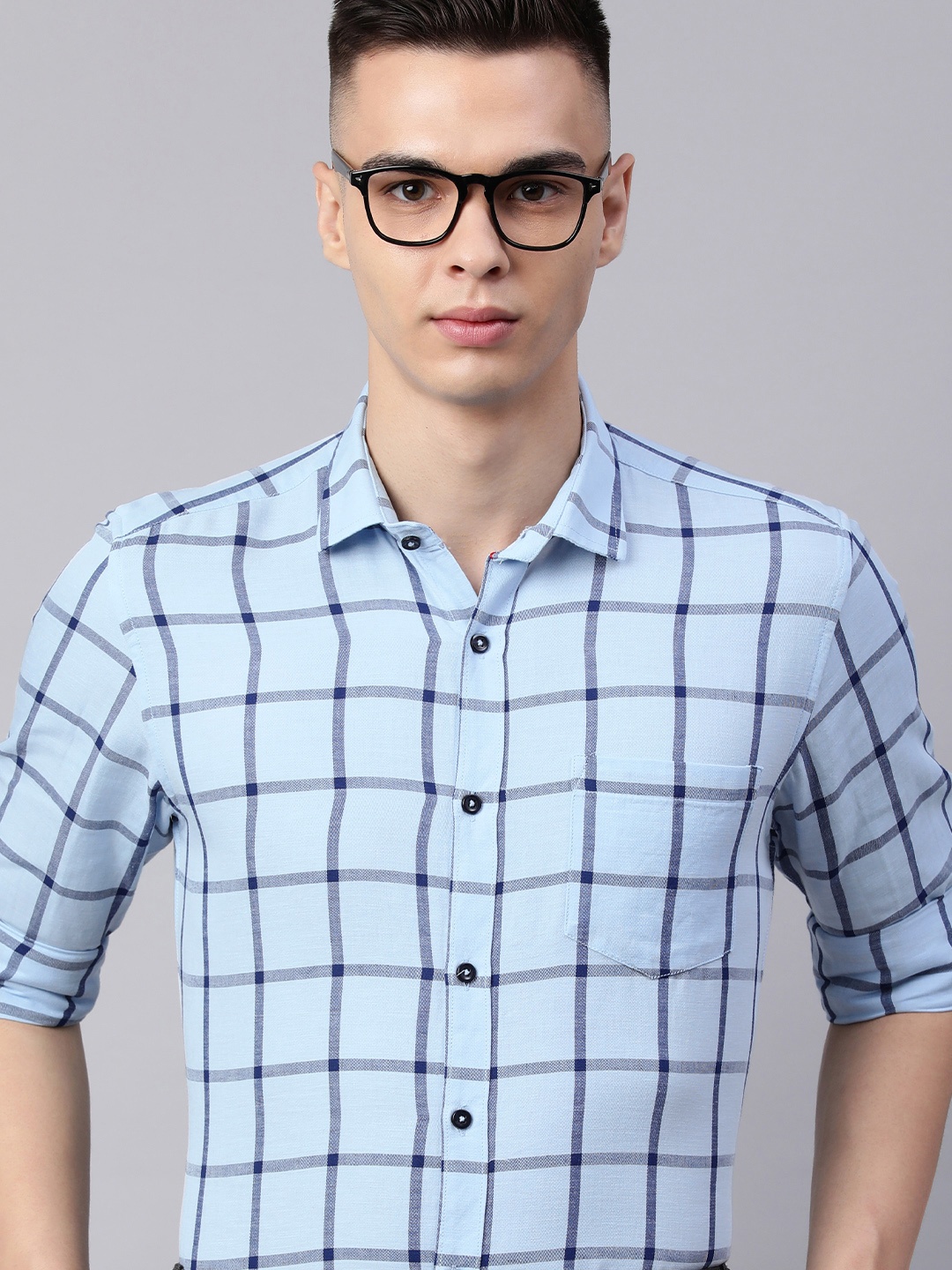 

5TH ANFOLD Men Slim Fit Windowpane Checks Formal Shirt, Blue