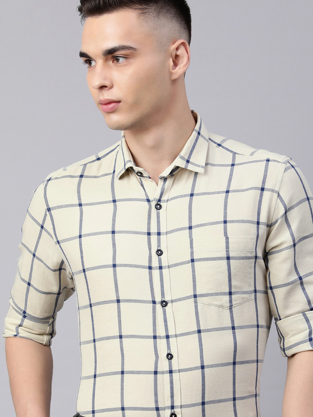

5TH ANFOLD Men Slim Fit Windowpane Checks Formal Shirt, Yellow