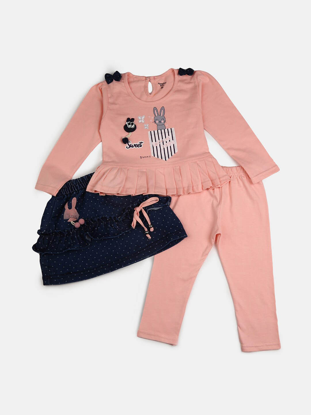 

V-Mart Unisex Kids Peach-Coloured & Black Pure Cotton Printed T-shirt with Pyjamas
