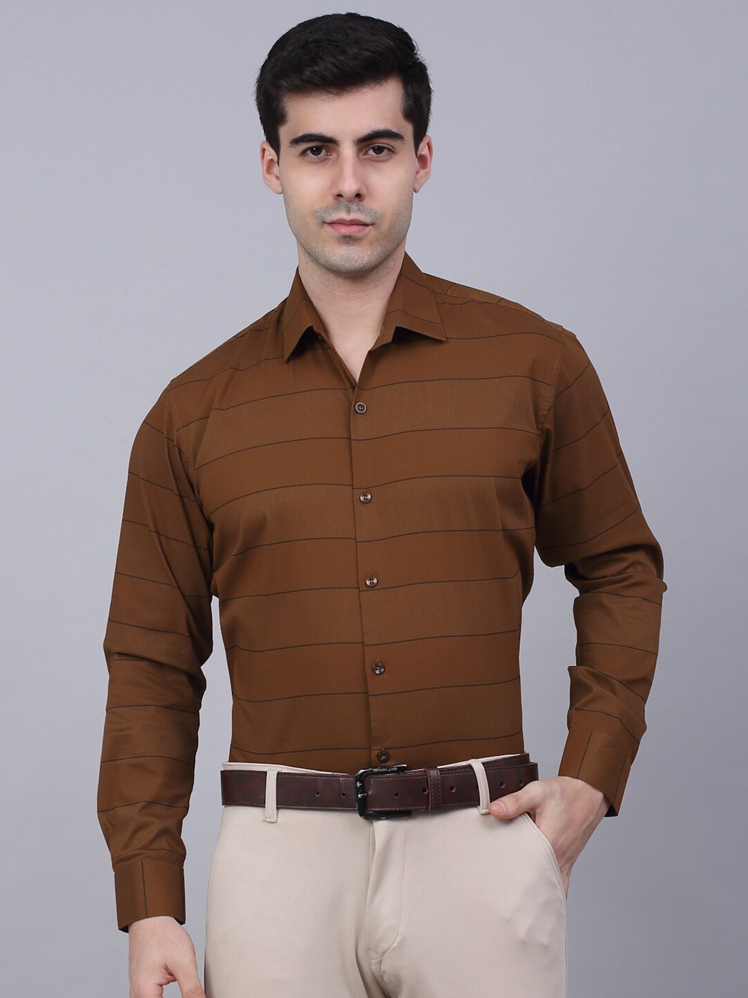 

JAINISH Classic Horizontal Striped Formal Shirt, Brown