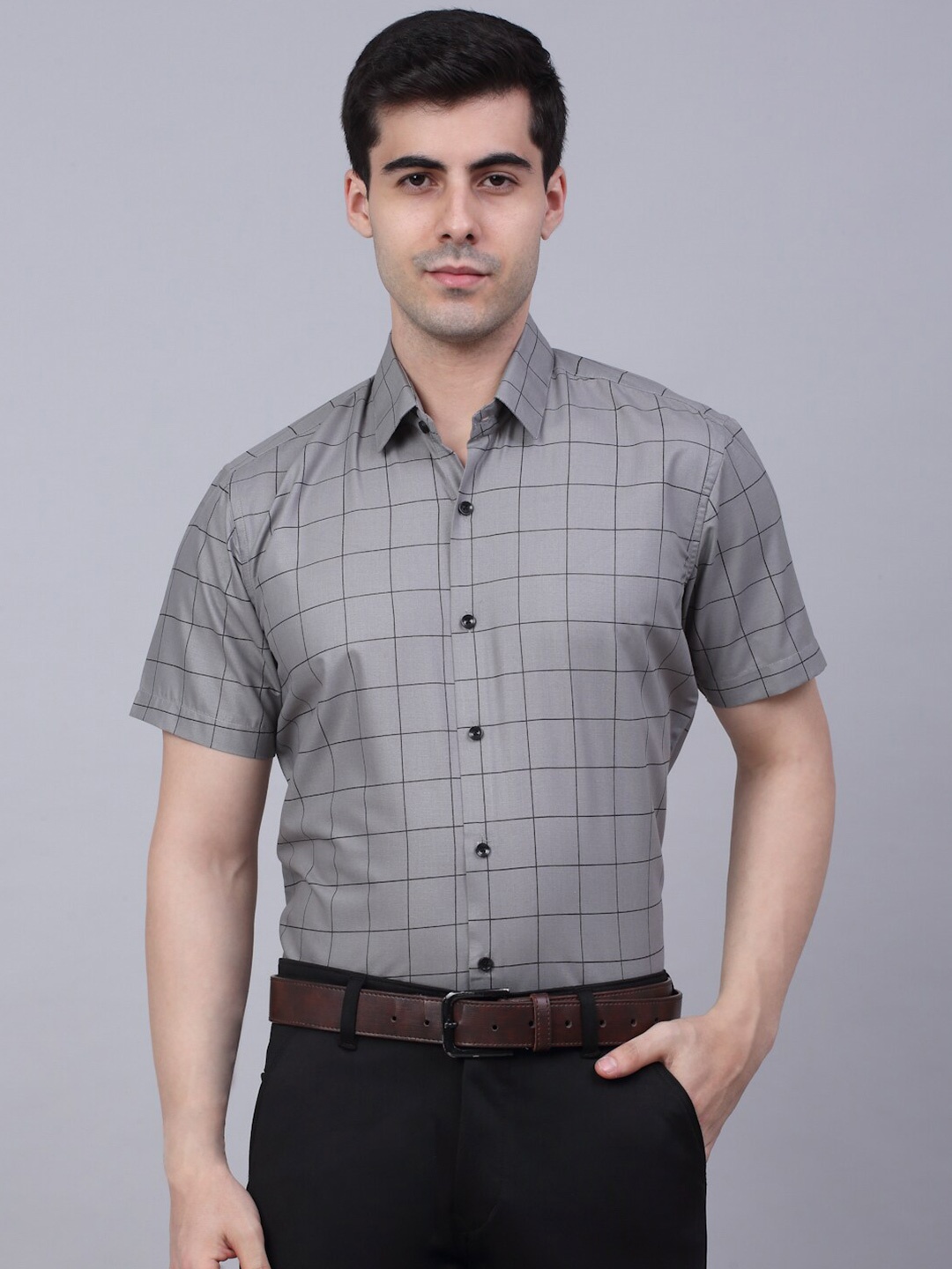 

JAINISH Classic Windowpane Checked Pure Cotton Formal Shirt, Grey
