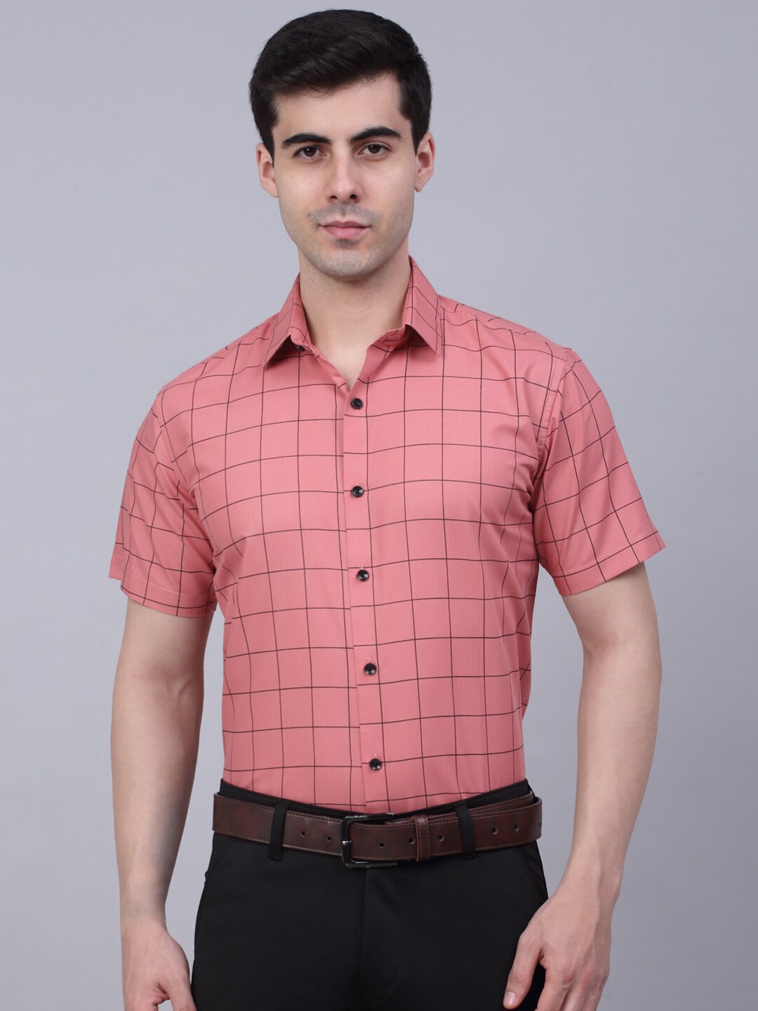 

JAINISH Classic Windowpane Checked Pure Cotton Formal Shirt, Peach
