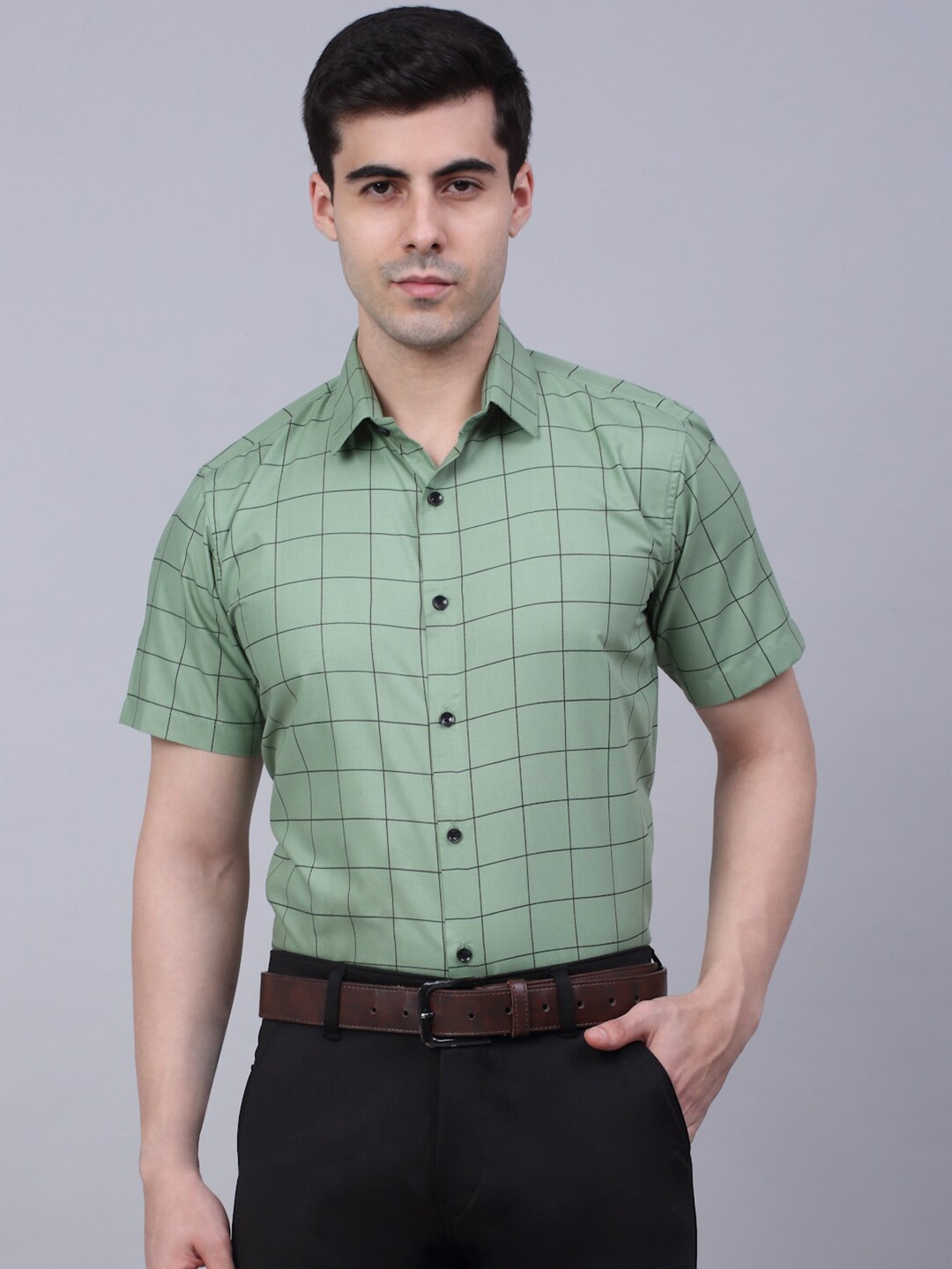 

JAINISH Classic Windowpane Checked Pure Cotton Formal Shirt, Green