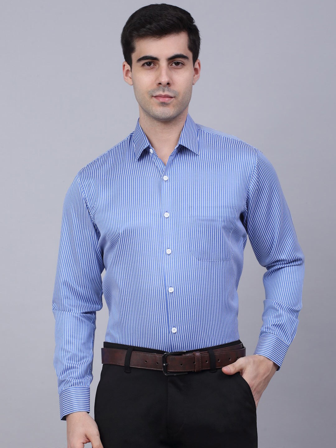 

JAINISH Men Blue Classic Striped Pure Cotton Formal Shirt