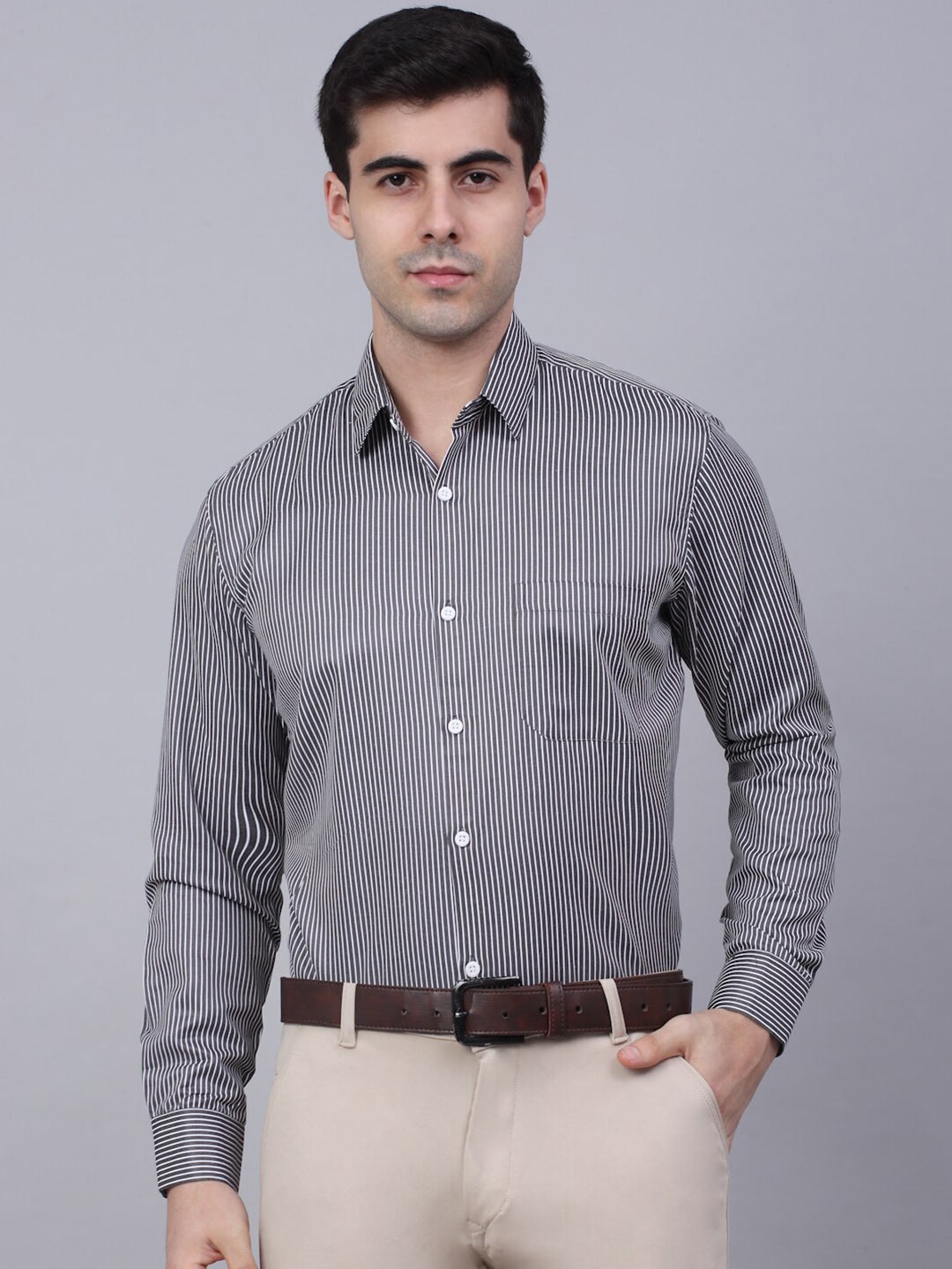 

JAINISH Men Black Classic Striped Pure Cotton Formal Shirt