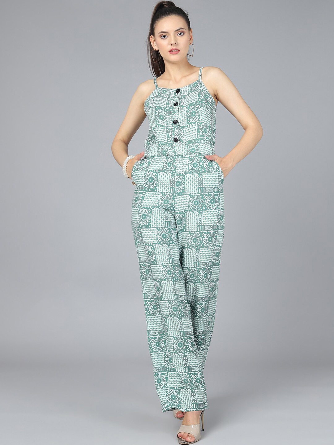 

J Turritopsis Green & White Geometric Printed Basic Jumpsuit