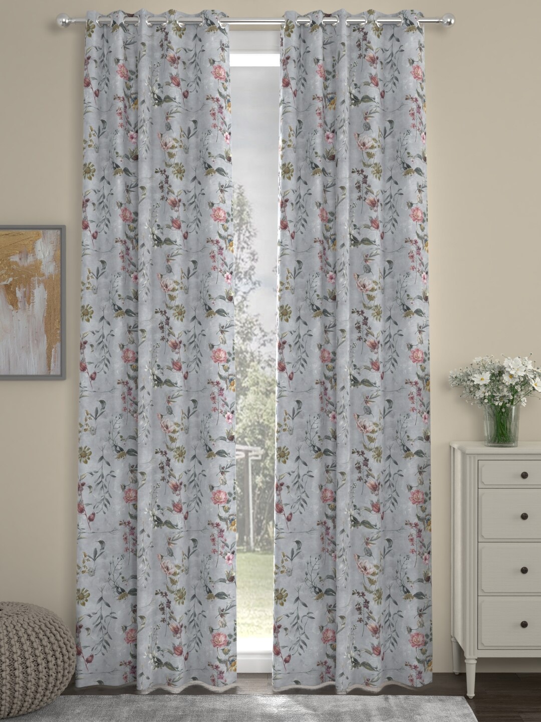 

ROSARA HOME Grey & Green Set of 2 Floral Door Curtain