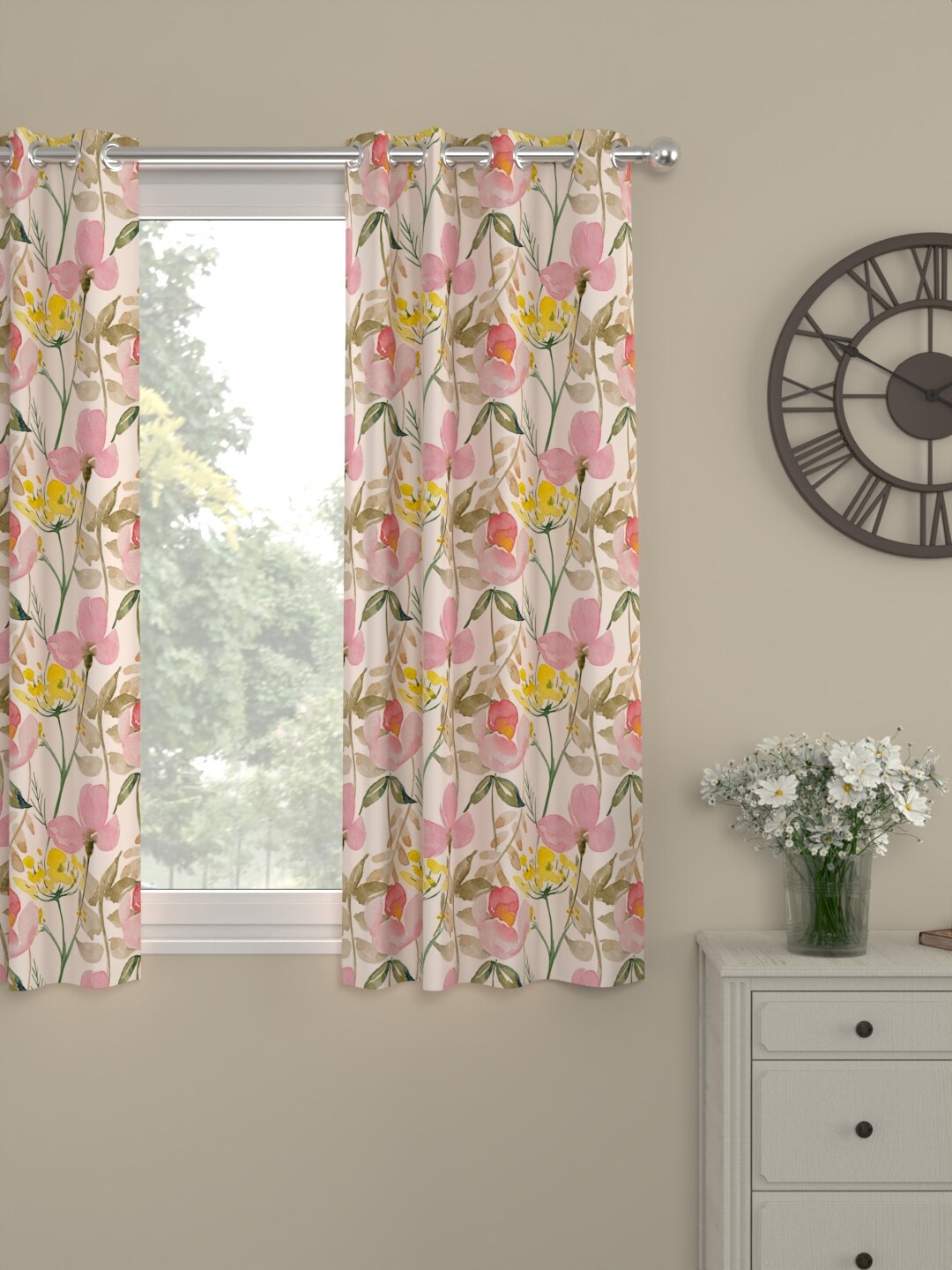 

ROSARA HOME Cream-Coloured & Pink Floral Window Curtain